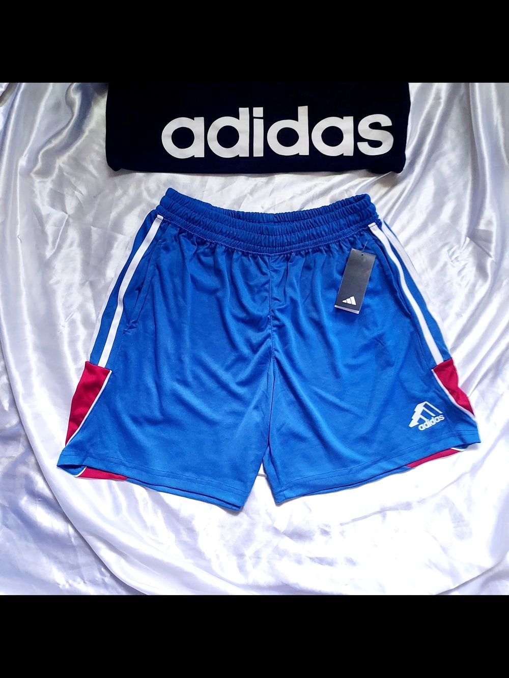 adidas Men’s Blue Athletic Shorts with Red And White Accents